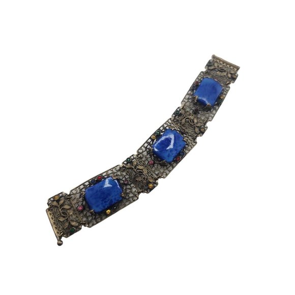 Vintage Czech Style Filigree Brass & Lapis Glass Bracelet (A3858) - Picture 3 of 8
